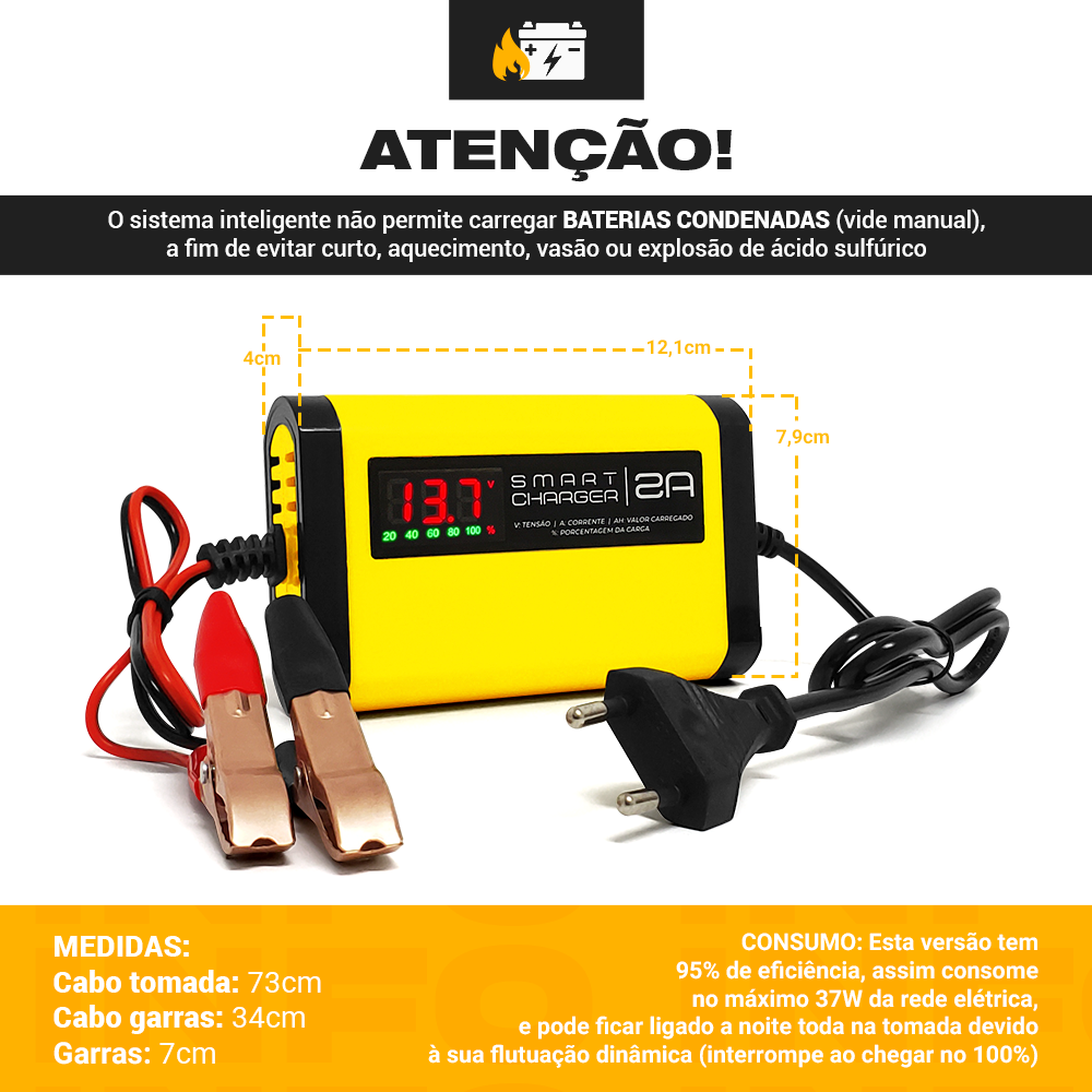 CARREGADOR DE BATERIA AUTOMOTIVO SMART CHARGER 2AH BIVOLT 12V 35W